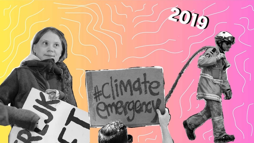 A composite image of Greta Thunberg (left), a climate strike sign (centre) and a firefighter (right).
