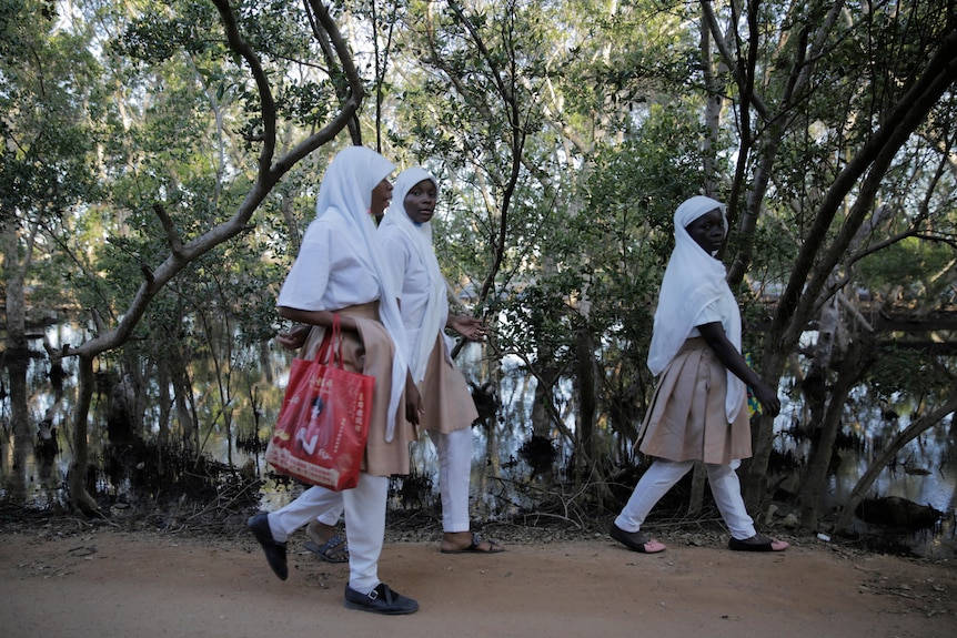 Trois filles vêtues de blanc passent devant des palétuviers.