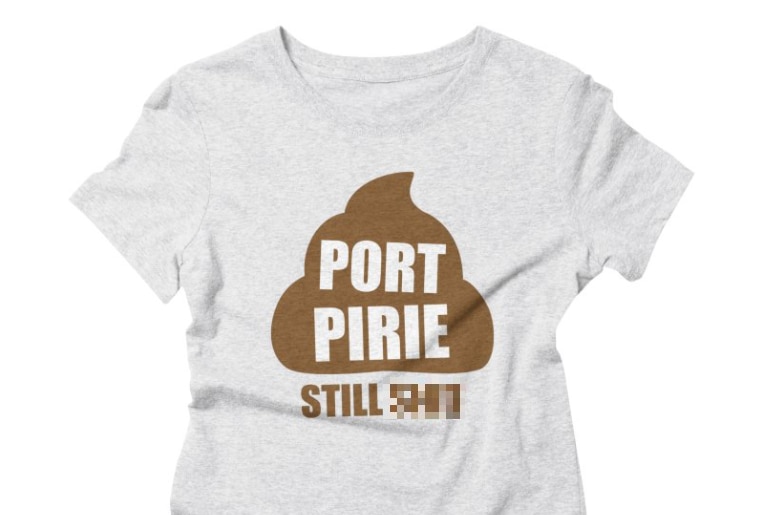 A t-shirt featuring a stylised stool with the phrase "Port Pirie - still shit".
