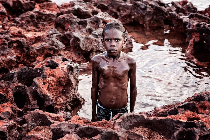A young dark skinned boy stares up from a rockpool.