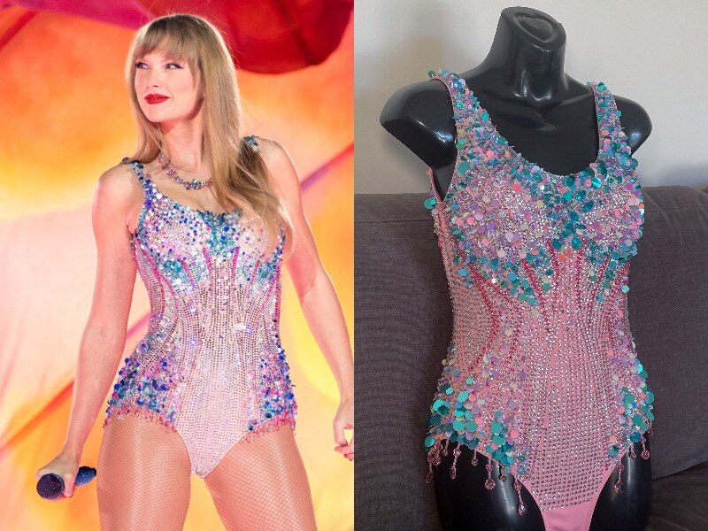 Una imagen compuesta de Taylor Swift en el escenario con un traje de lentejuelas rosa y azul, y la réplica exacta de Izzie.