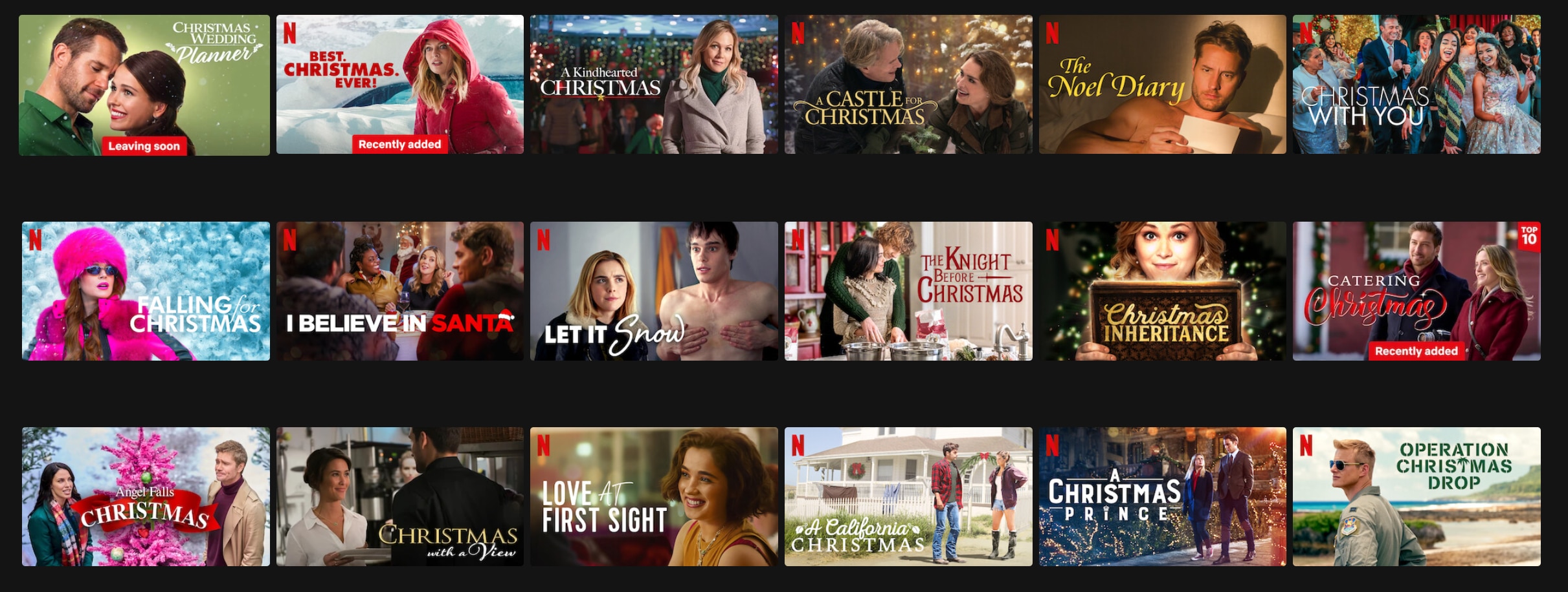 A screenshot of a selection of Christmas movies from the Netflix interface