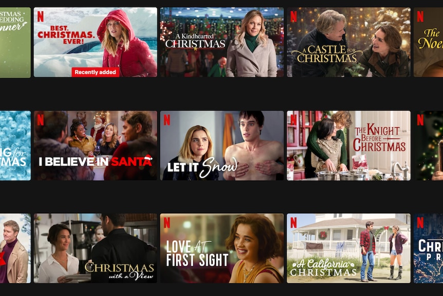 A screenshot of a selection of Christmas movies from the Netflix interface