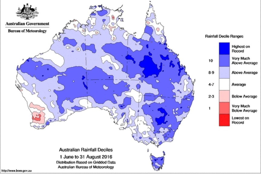 A map showing rainfall across Australia between June and August 2016.