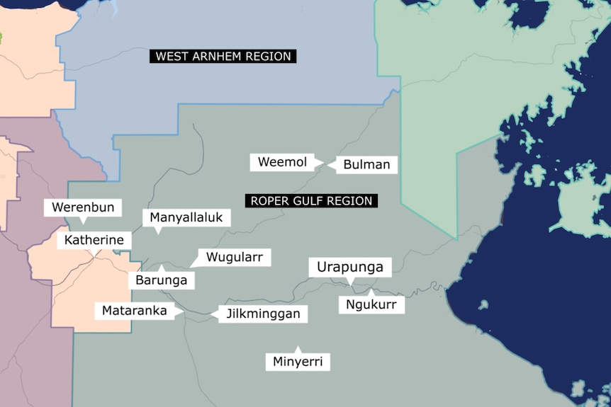 A map of the Katherine East region showing the names of communities where Sunrise Health Aboriginal Service delivers healthcare