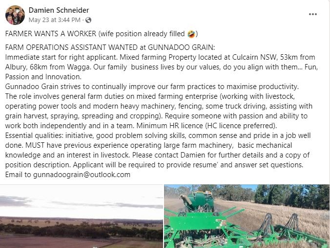 A job description listing on a Facebook page with pictures of farm machinery