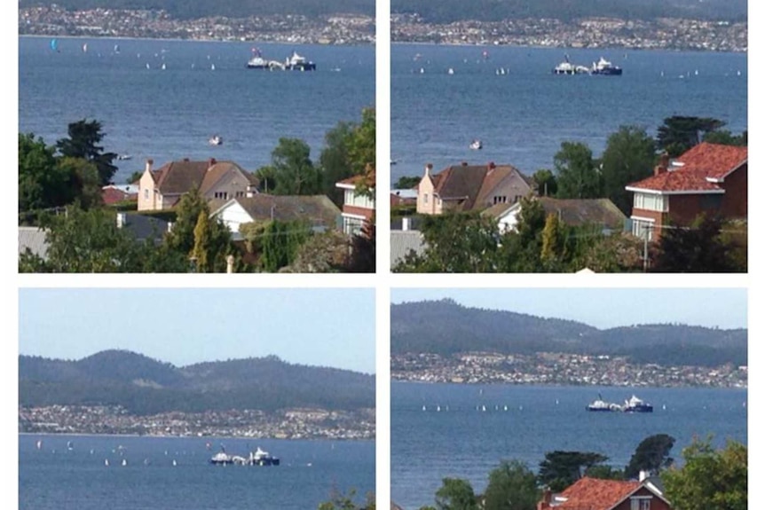 Composite images of incident involving large ship and small sailing craft.