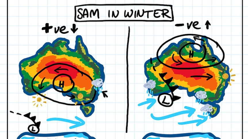 left map shows positive SAM in winter, dry in south wet in north. right map neg SAM winter,fronts make it up onto the continent