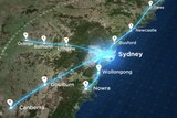 map showing glowing blue lines intended to represent the rail network stretching out from Sydney