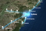 map showing glowing blue lines intended to represent the rail network stretching out from Sydney