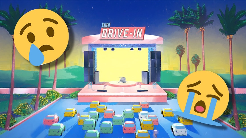artwork for Melborne venue The Drive-In with two crying emojis over the top