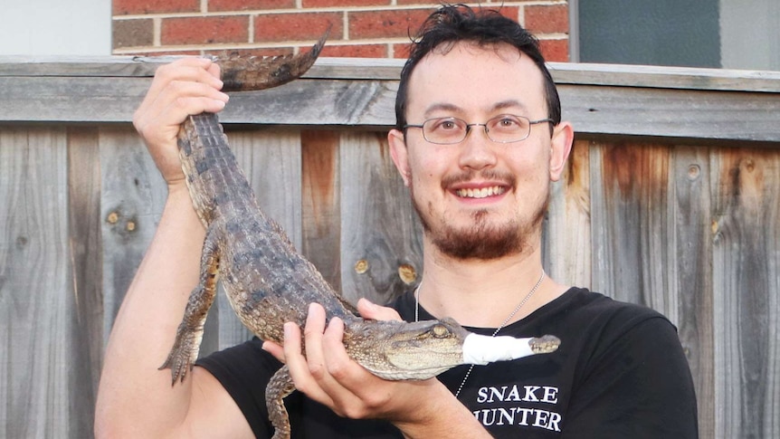 Mark Pelley holding the crocodile by the tail and head beside a fence.