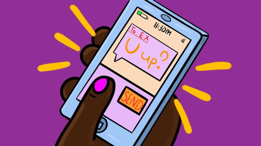 An illustration of a hand holding a phone that reads: 'U up?'