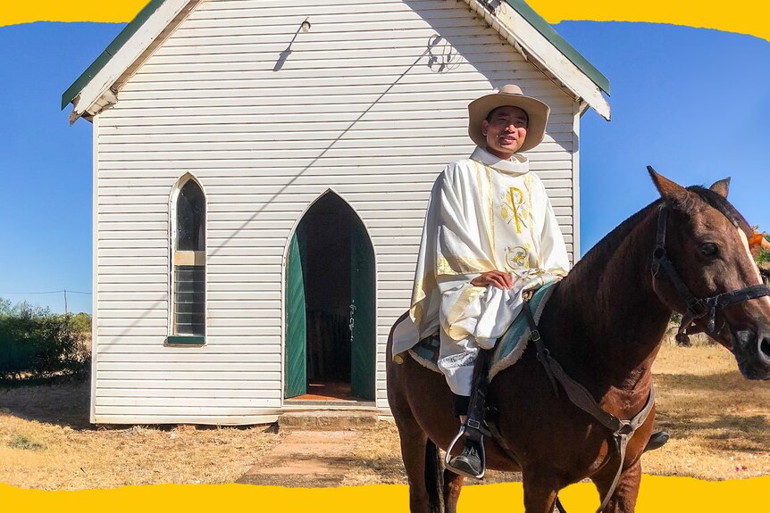 a priest sits on a horse outside a country church