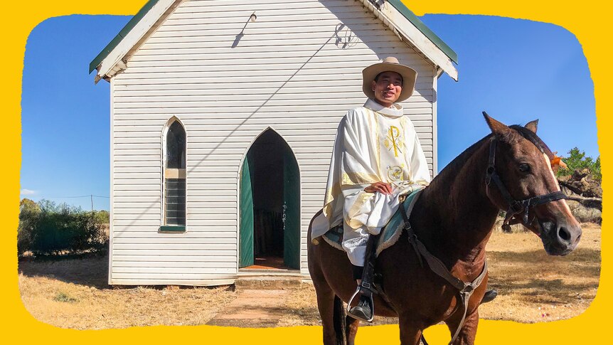 a priest sits on a horse outside a country church