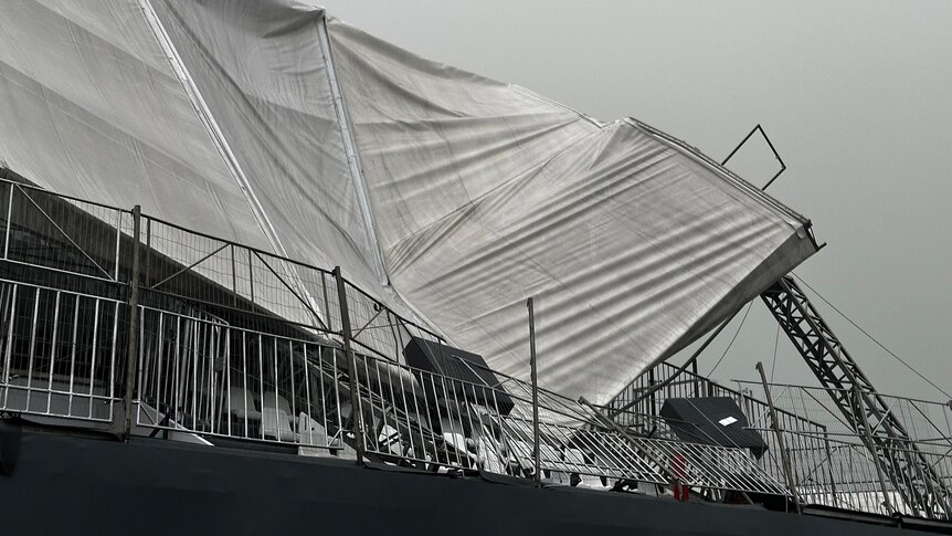 A grandstand roof is shown collapsed at the Brazilian F1 Grand Prix in Sao Paolo, Brazil.