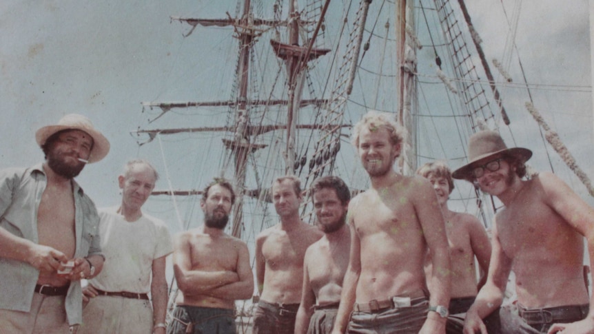 Henk Manussen (far right) on board the Regina Maris, the sailing ship that brought him to Australia in 1970.