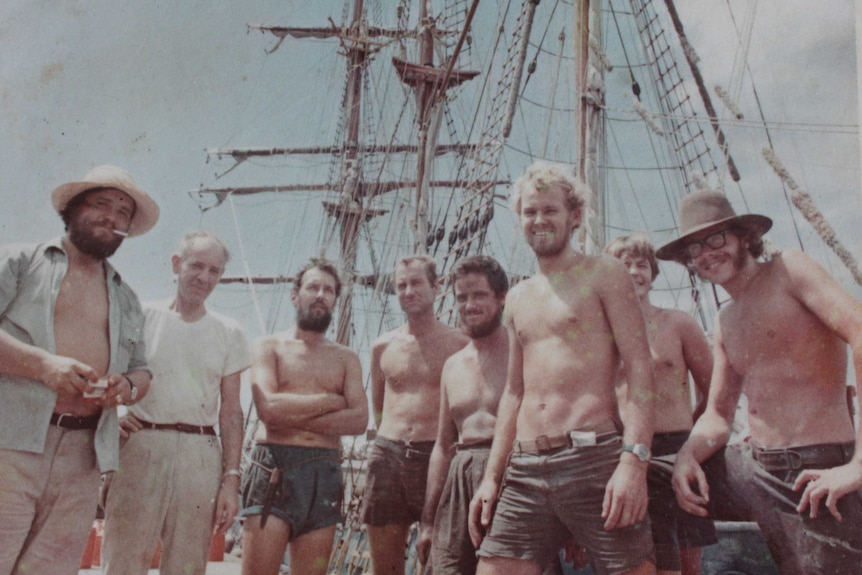 Henk Manussen (far right) on board the Regina Maris, the sailing ship that brought him to Australia in 1970.