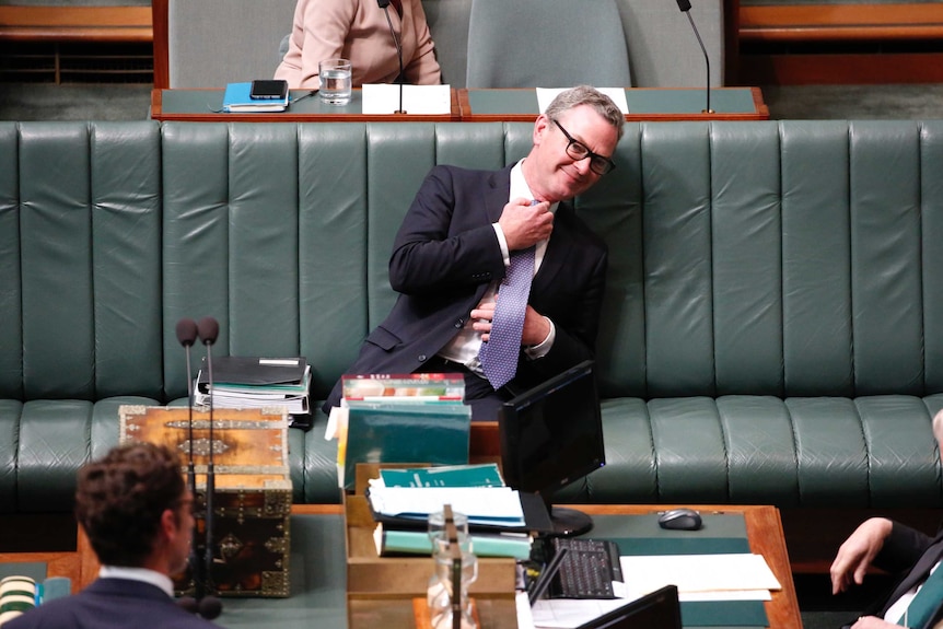 Christopher Pyne adjusts tie before Question Time
