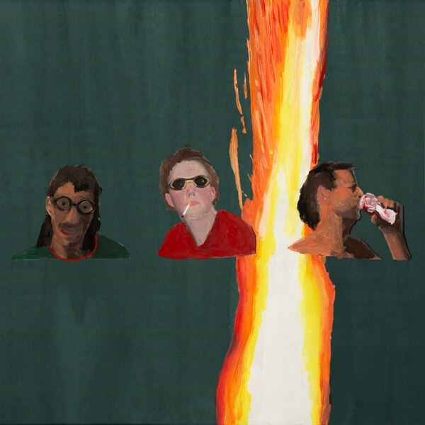 crude paintings of three men, one wearing glasses, one wearing sunglasses, one drinking a beer