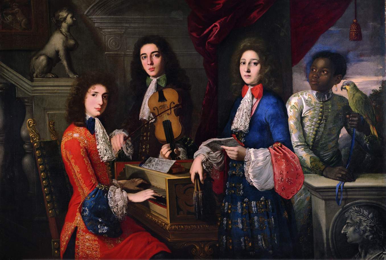 Four figures, from left to right: seated at a harpsichord, holding a violin, holding sheet music, and holding a parrot.