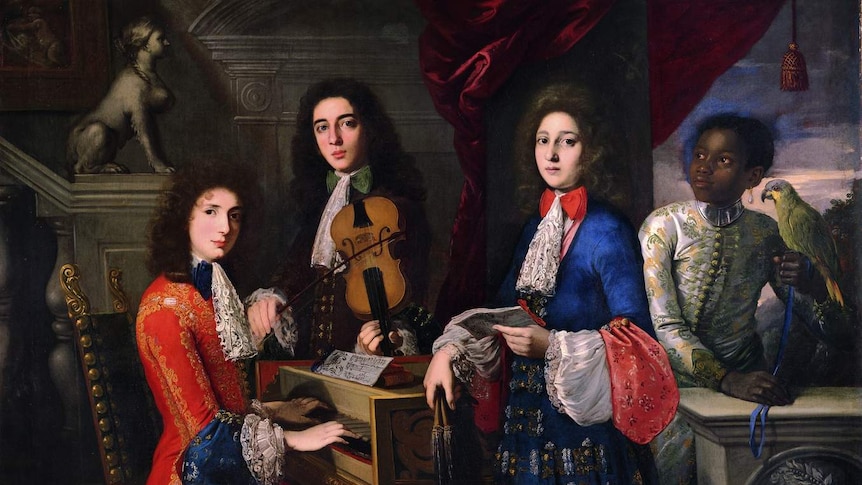 Four figures, from left to right: seated at a harpsichord, holding a violin, holding sheet music, and holding a parrot.