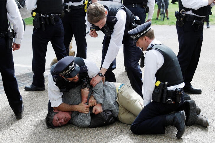A protester is detained by police officers during a demonstration in Hyde Park, London.