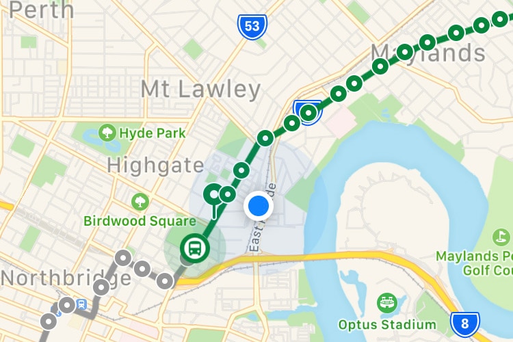 A screenshot of the app showing the bus route and expected arrival time.