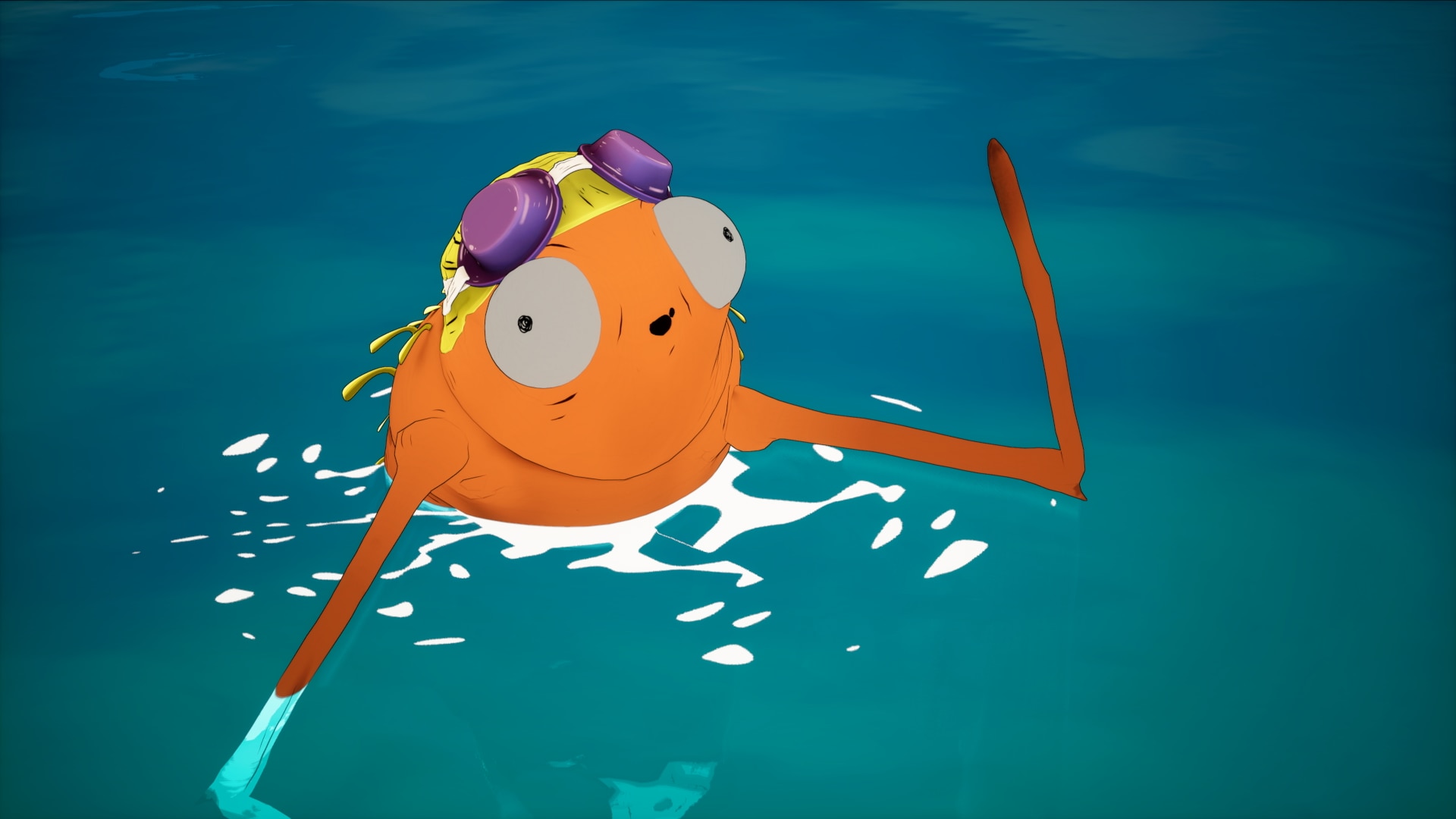 Una película fija de una pulga animada en el mar. La pulga lleva un gorro de baño amarillo y gafas protectoras.