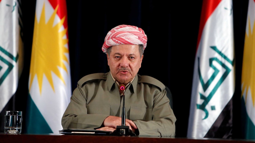 Iraqi Kurdish president Masoud Barzani speaks during a news conference.