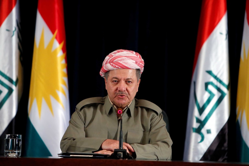 Iraqi Kurdish president Masoud Barzani speaks during a news conference.