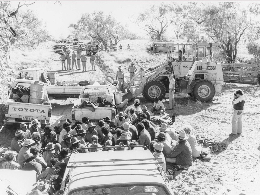 Aboriginal protestors block the path of mining company Amax during the Noonkanbah Dispute