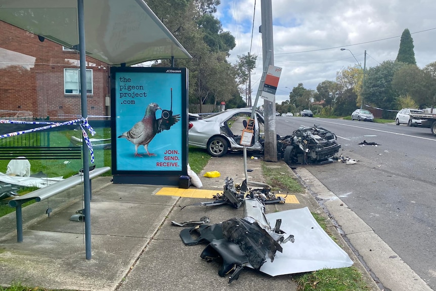 A car narrowly misses crashing into a bus stop in Murray Road, Coburg.