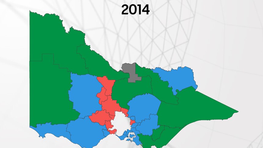 A map displays the regional electorates held by the political parties and an independent after the 2014 election.