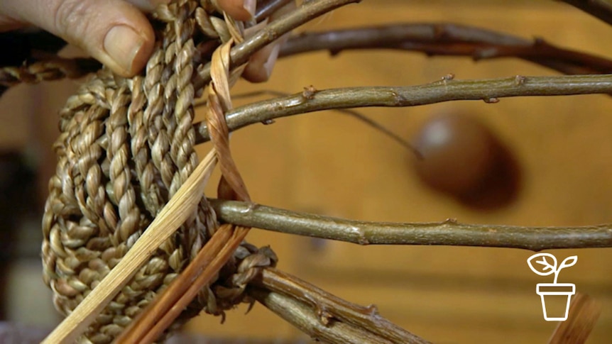 Long grasses being woven into basket frame