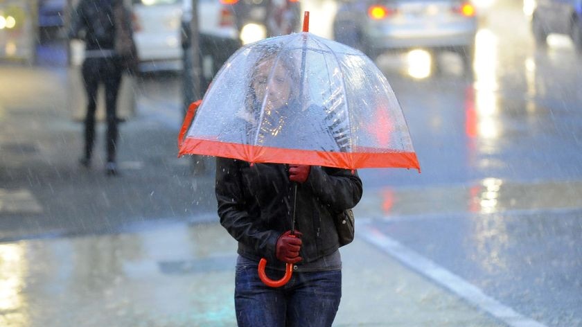 A person clutches a clear umbrella as they walk along a city street.