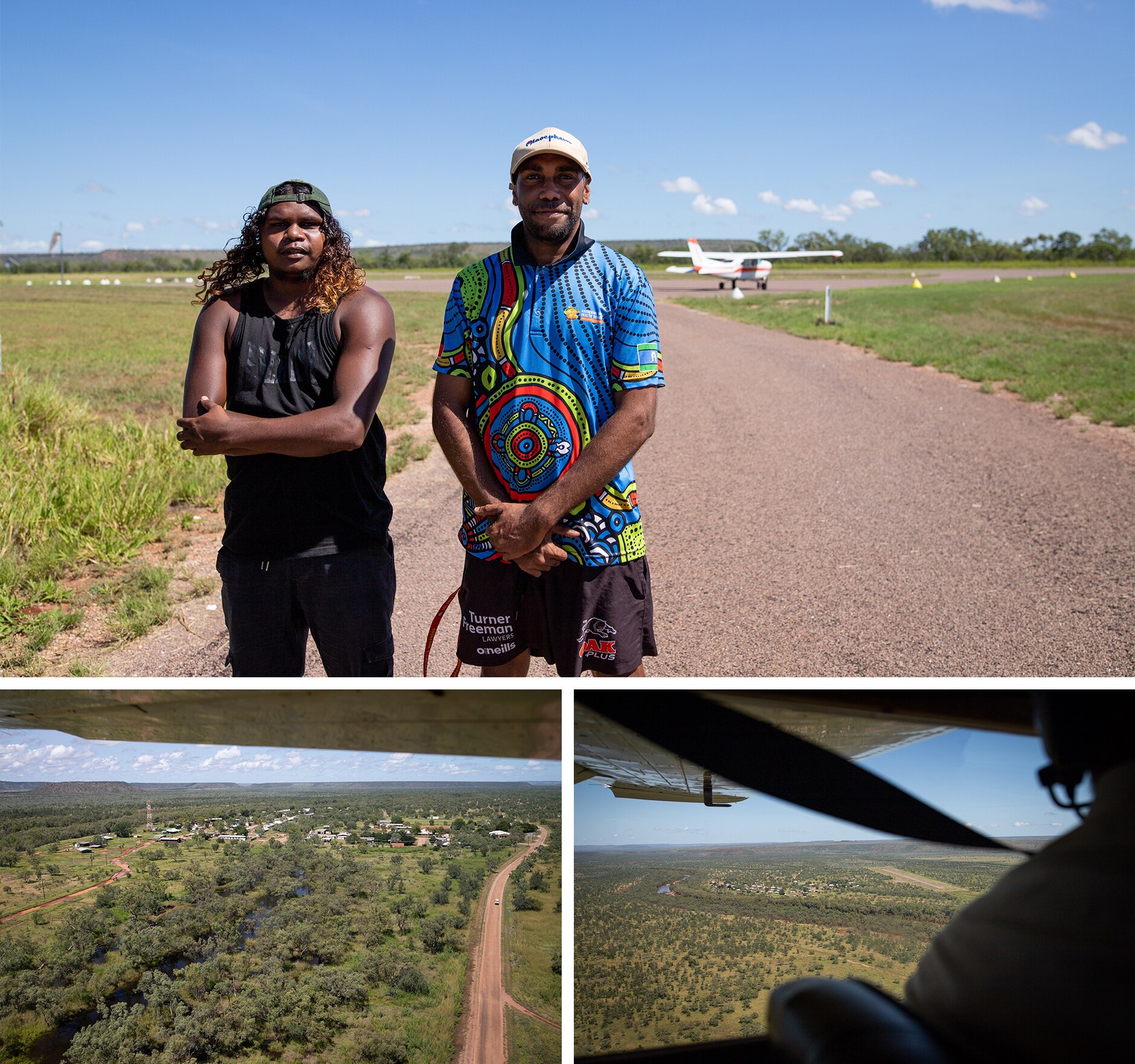 A grid of three photos showing two young Aboriginal men standing at the end of an airstrip and aerial images of Yarralin.