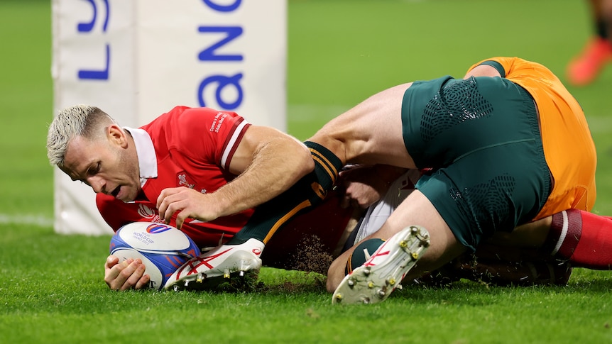 A Welsh player scores a try against the Wallabies at the men 's 2023 Rugby World Cup.