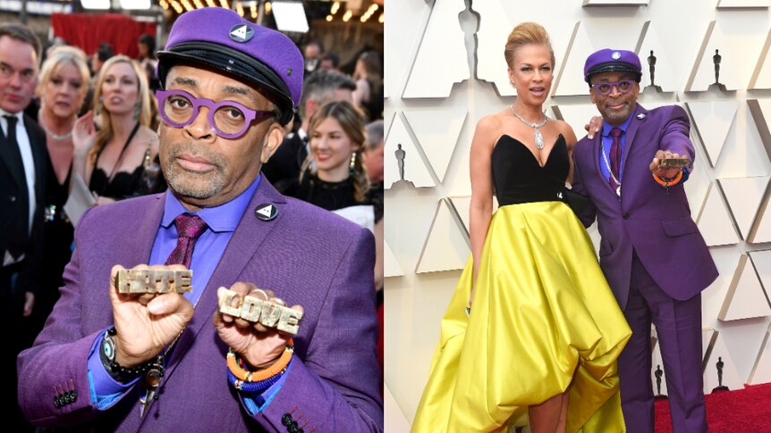 Tonya Lewis Lee wears a black and yellow gown and Spike Lee wears a purple suit to the Oscars.