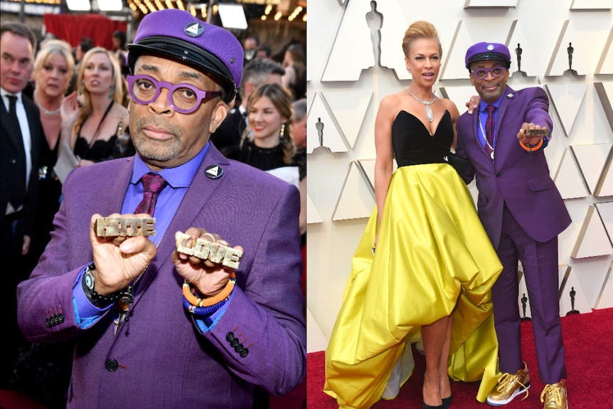 Tonya Lewis Lee wears a black and yellow gown and Spike Lee wears a purple suit to the Oscars.