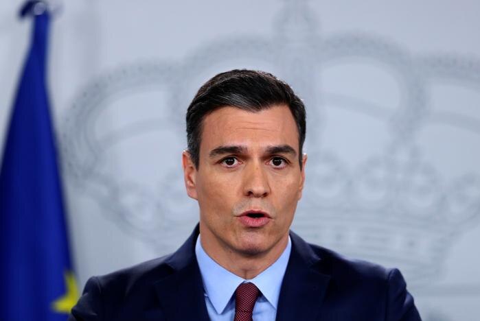 Spanish Prime Minister Pedro Sanchez speaking at a news conference.