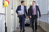 WA Treasurer Ben Wyatt and Premier Mark McGowan walk down a hallway talking to one another wearing suits and ties.