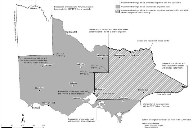 A map of Victoria showing a new protection zone for dingoes in north west Victoria.