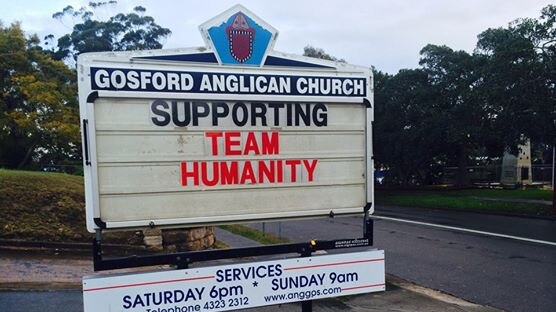 Team Humanity sign at Gosford Anglican Church