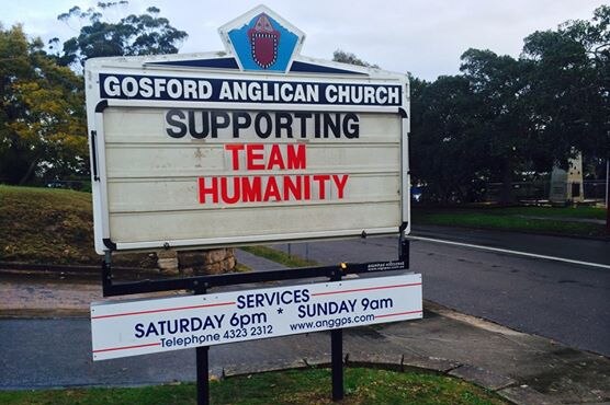 Team Humanity sign at Gosford Anglican Church