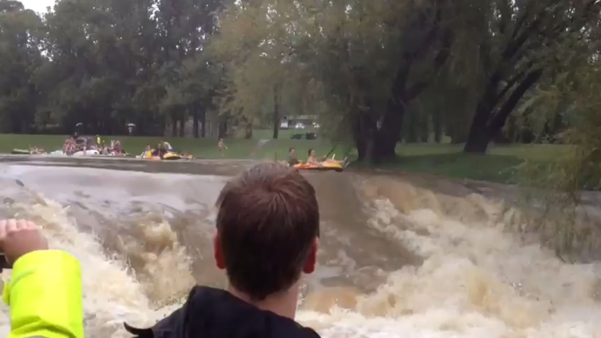 YouTube video of young people rafting down the flooded Sullivans Creek.