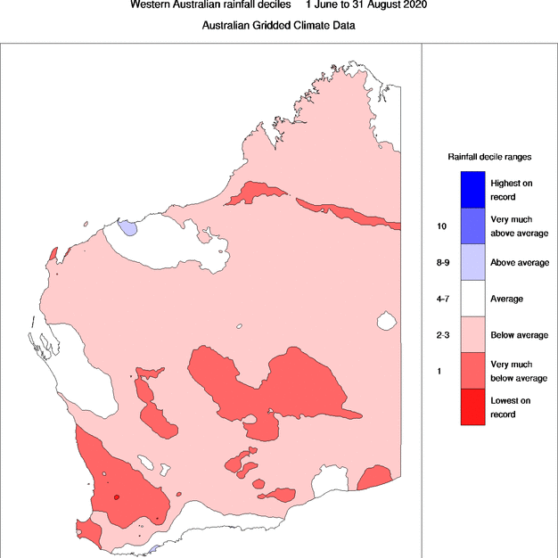 A map of Western Australia with different colours representing rainfall across the state.