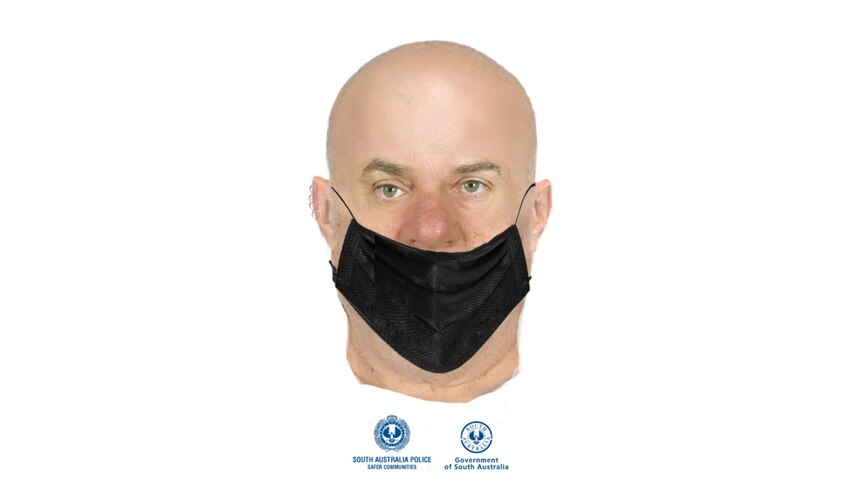 A computer composite image of a bald man, wearing a black mask and SA police logos underneath
