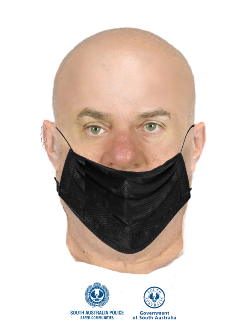 A computer composite image of a bald man, wearing a black mask and SA police logos underneath