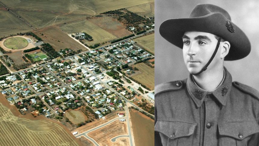 Composite photo of a town aerial and a soldier.